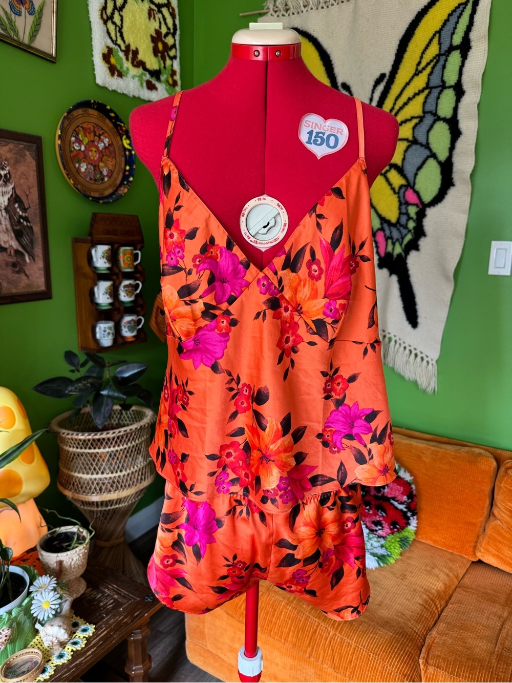 Victoria's Secret Orange Satin Floral Chemise and Shorts Set